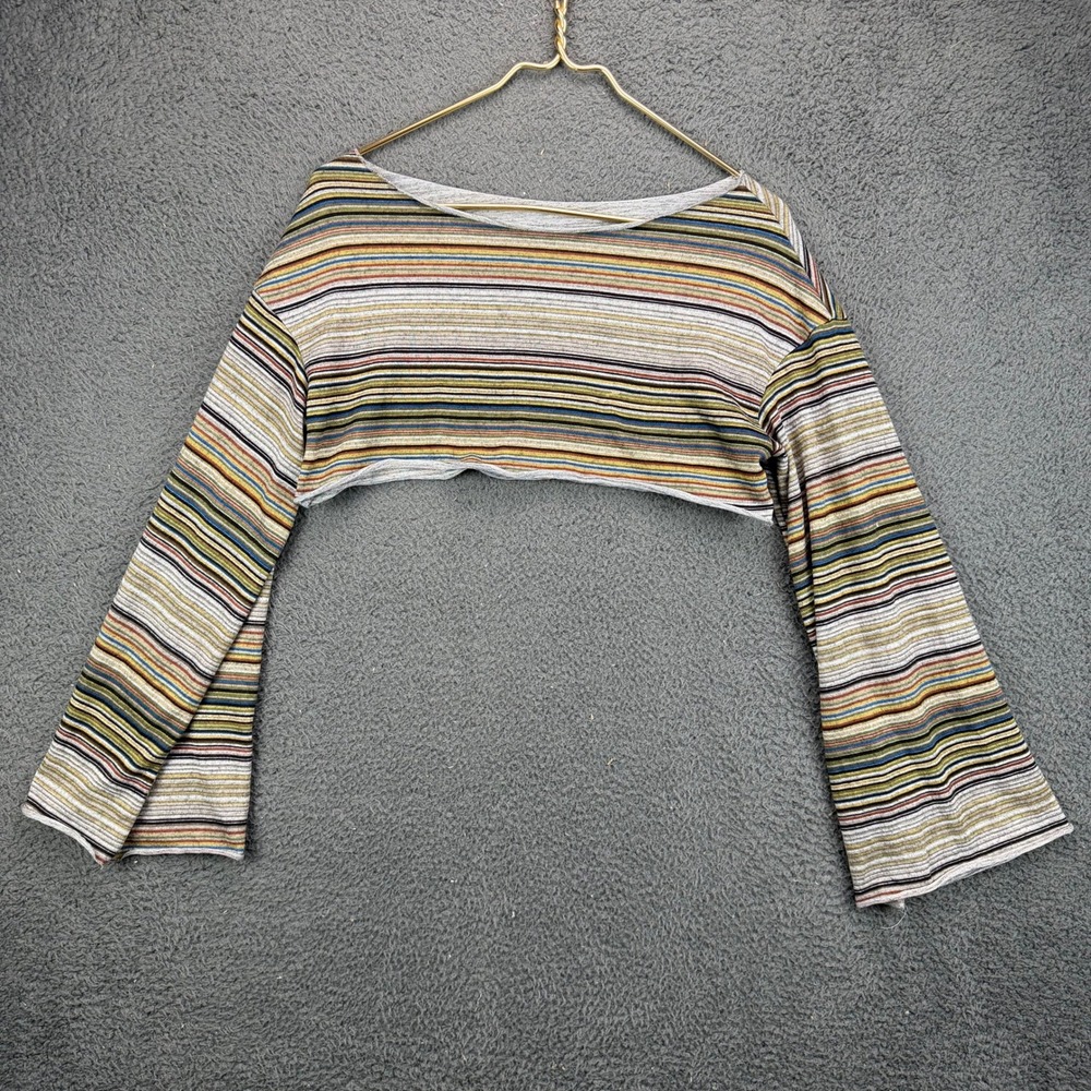 Romwe Womens Small Multi Color Striped Long Sleeve Super Crop Top Ribbed Knit